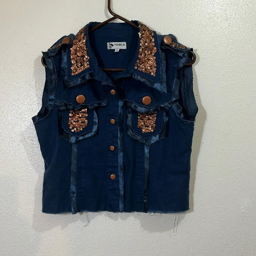 Yoki child’s blue jean vest with copper sequins. Size Large - Picture 1 of 8